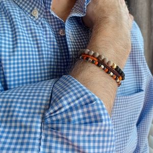 New men's jasper & sterling silver & Orange hand woven 3 pieces set bracelets